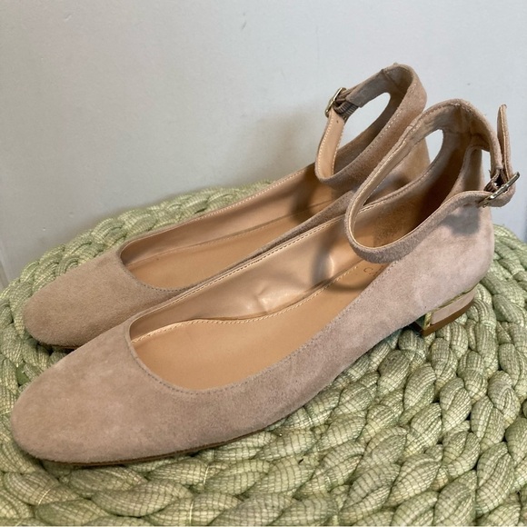 Vince Camuto Attera Cream Tipsy Taupe Suede Ankle Wrap Round Toe Flats - Picture 2 of 8